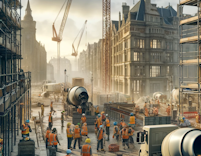 construction workers, heavy machinery, and British-style buildings in a construction site