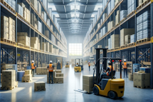 Inside view of a warehouse featuring workers in safety gear, high shelves filled with boxes, and natural light from skylights.